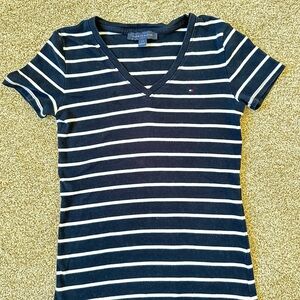 Tommy Hilfiger Navy & White Striped V-Neck Short Sleeve Tee